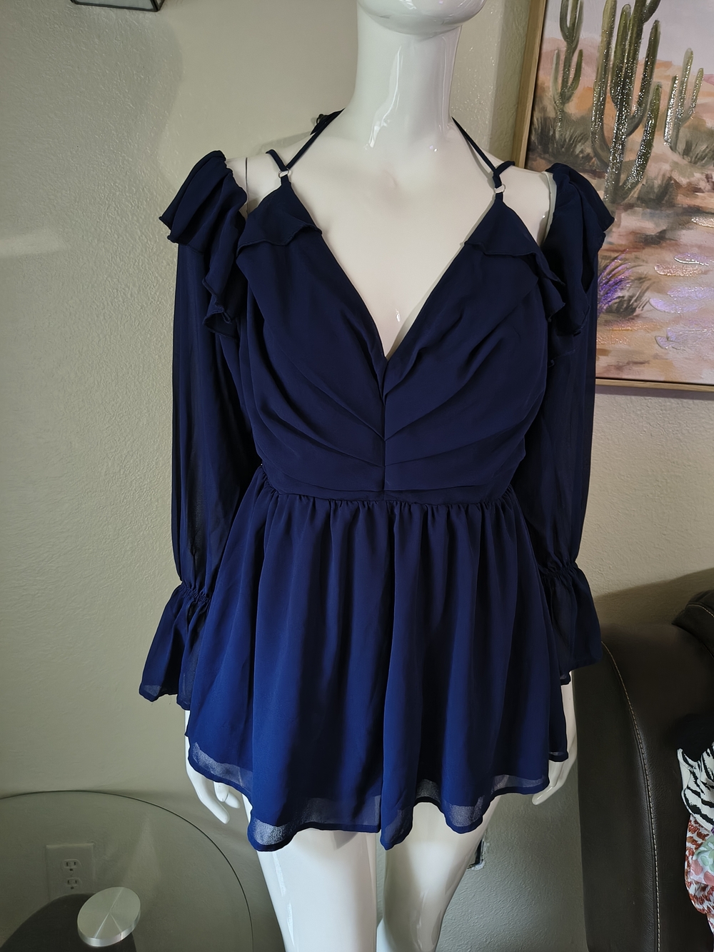 SHEIN Navy Cold-Shoulder Ruffle Romper